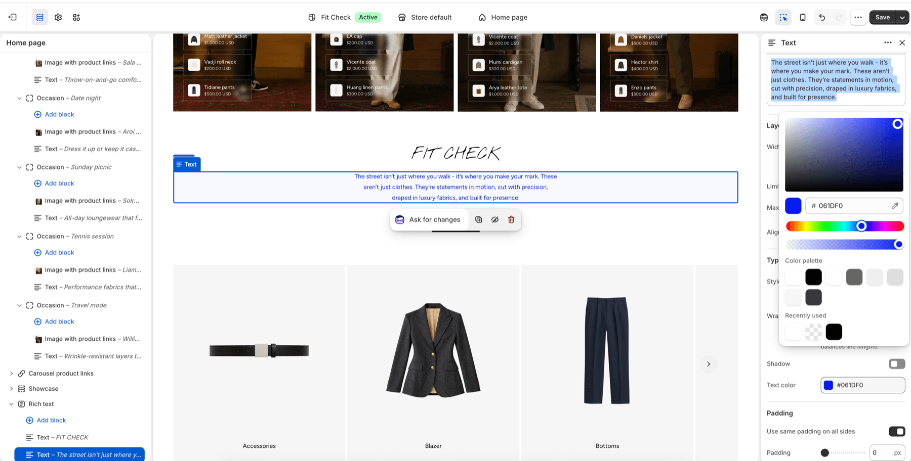 Fit Check theme editor showing a Text block color picker with a direct blue text color selected.