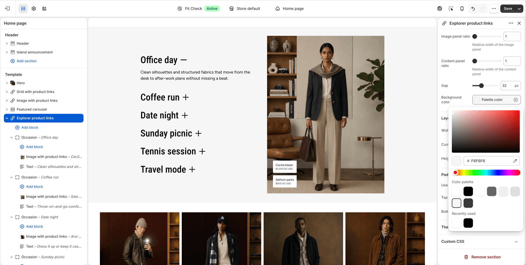Fit Check theme editor showing a section Background color picker with Color palette swatches available.