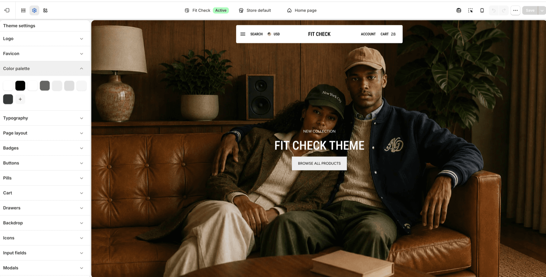 Fit Check theme editor showing Theme settings with the Color palette group expanded.
