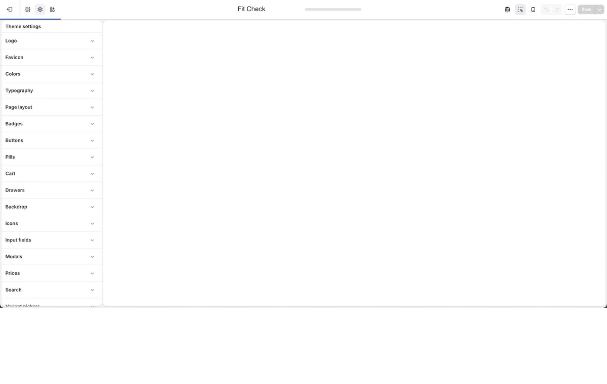 Real Shopify theme editor screenshot showing the Fit Check Theme settings sidebar with global setting groups.