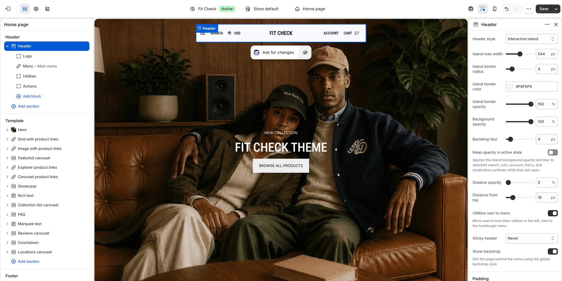 Shopify theme editor showing the Fit Check Header section in Interactive island mode.