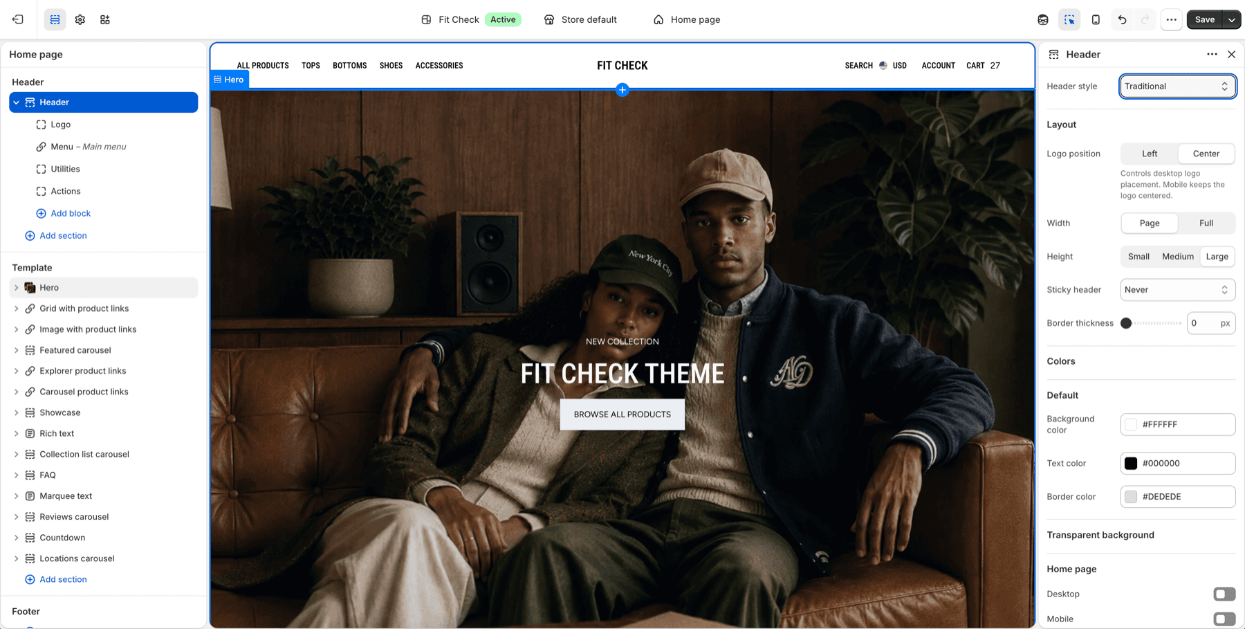Shopify theme editor showing the Fit Check Header section in Traditional mode.