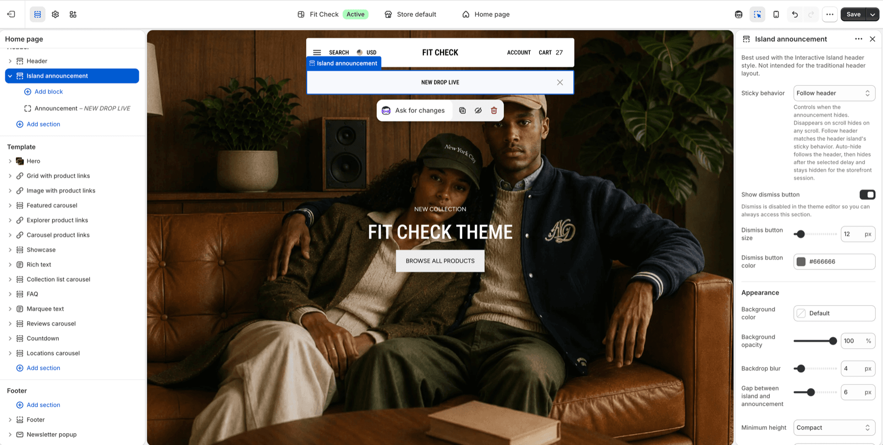 Shopify theme editor showing the Fit Check Island announcement section selected below the floating header.