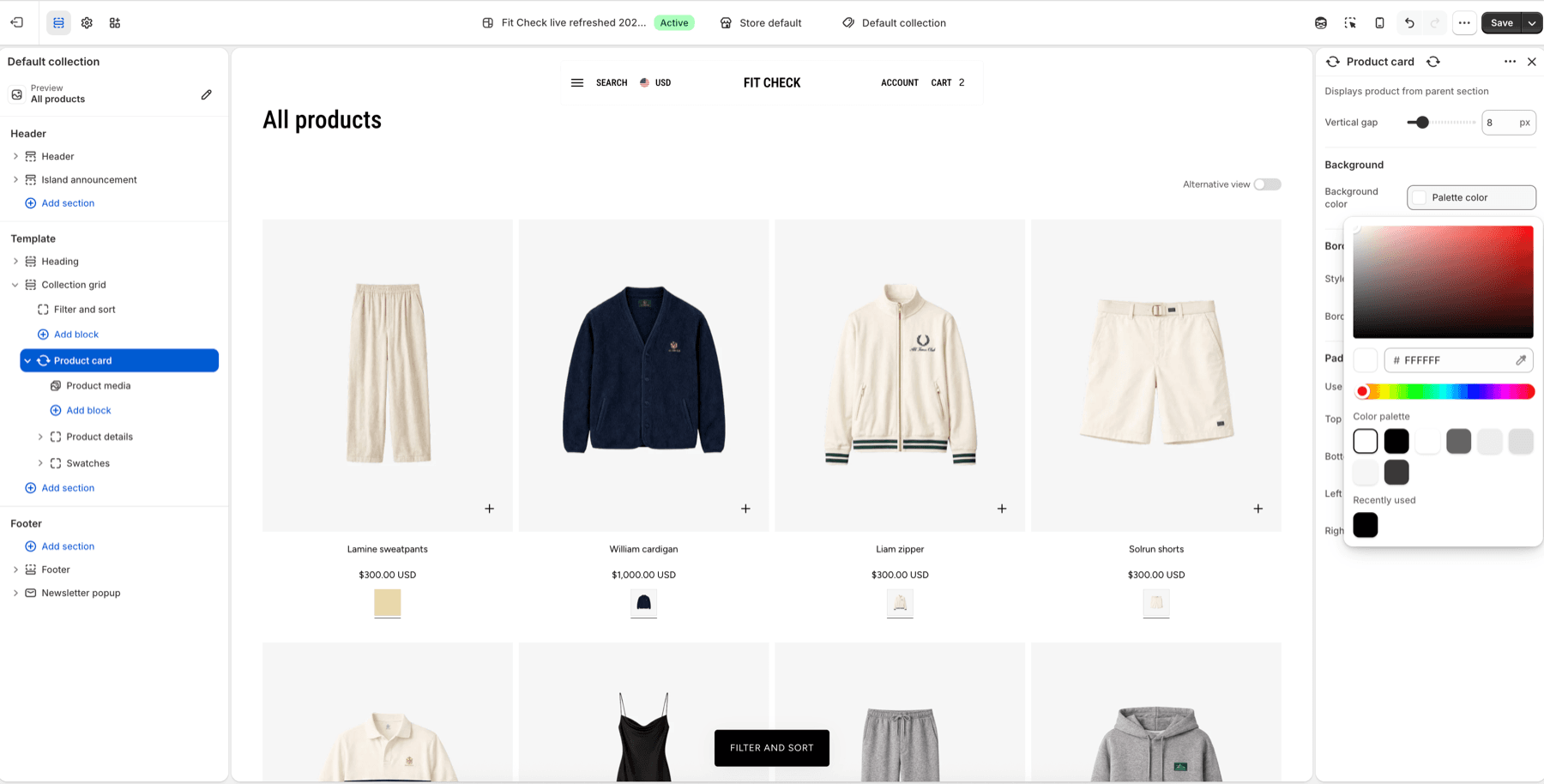 Fit Check theme editor showing the Product card block selected on the Default collection template with a default white background.