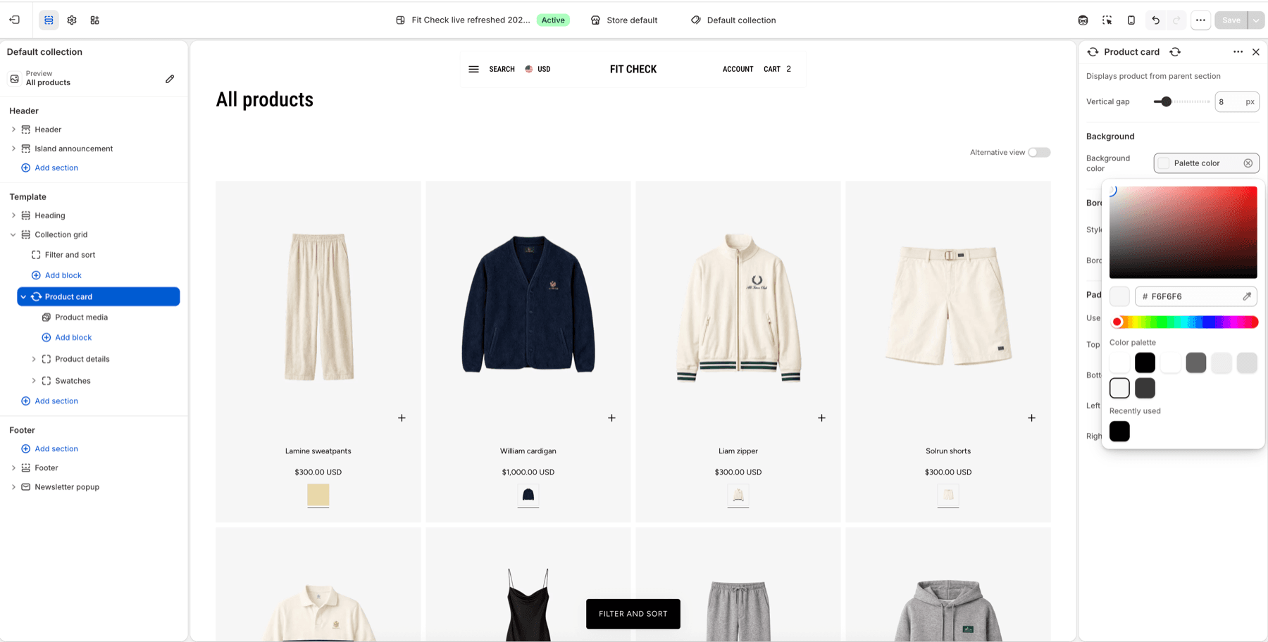 Fit Check theme editor showing the Product card background color picker with a light gray palette color selected.