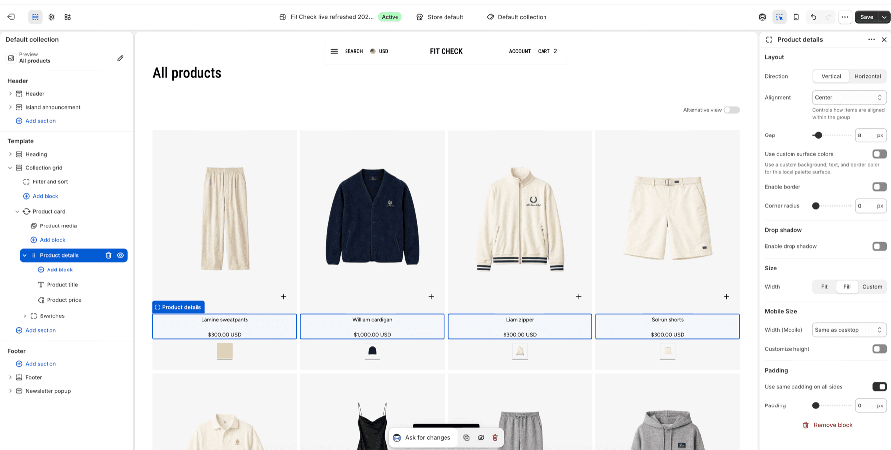 Fit Check theme editor showing the Product details group selected with direction, alignment, gap, surface, size, and padding controls.