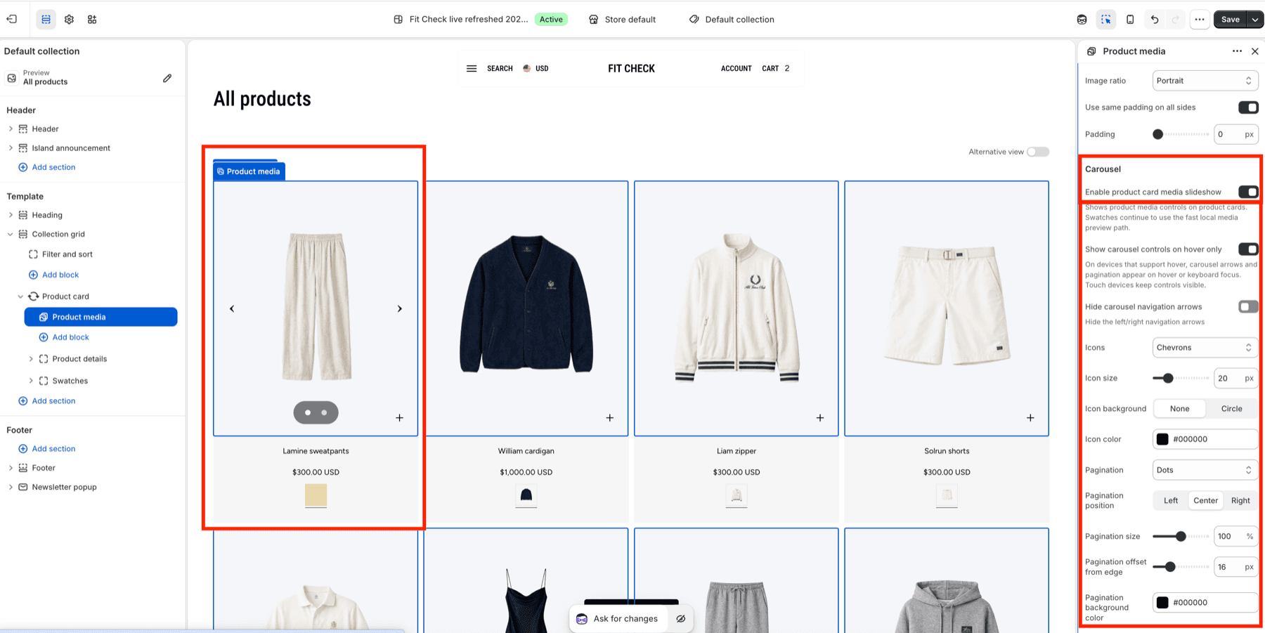 Fit Check theme editor showing Product media selected with product-card media slideshow, carousel arrows, pagination, and color controls.
