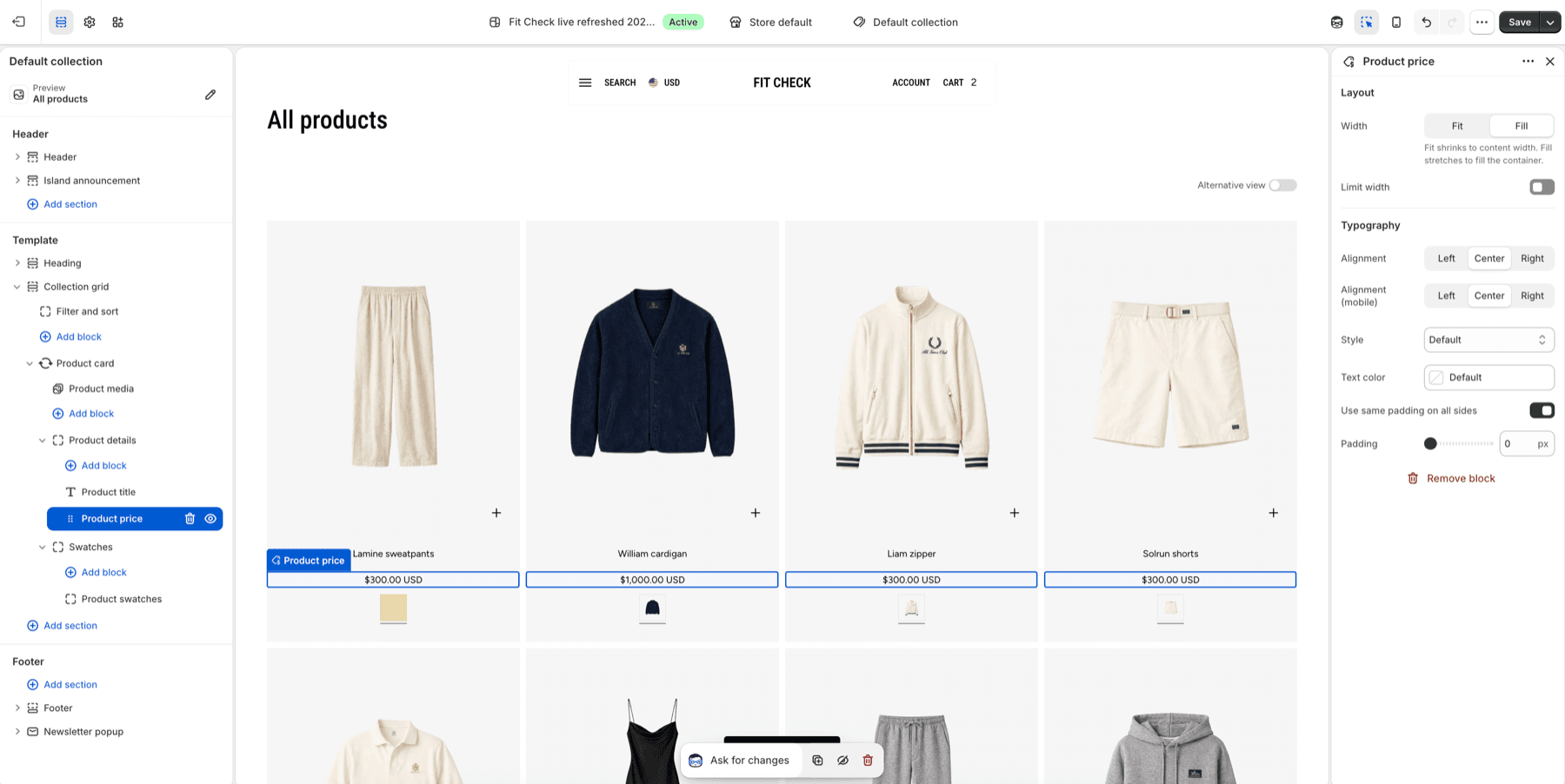 Fit Check theme editor showing Product price selected with width, alignment, style, text color, and padding controls.