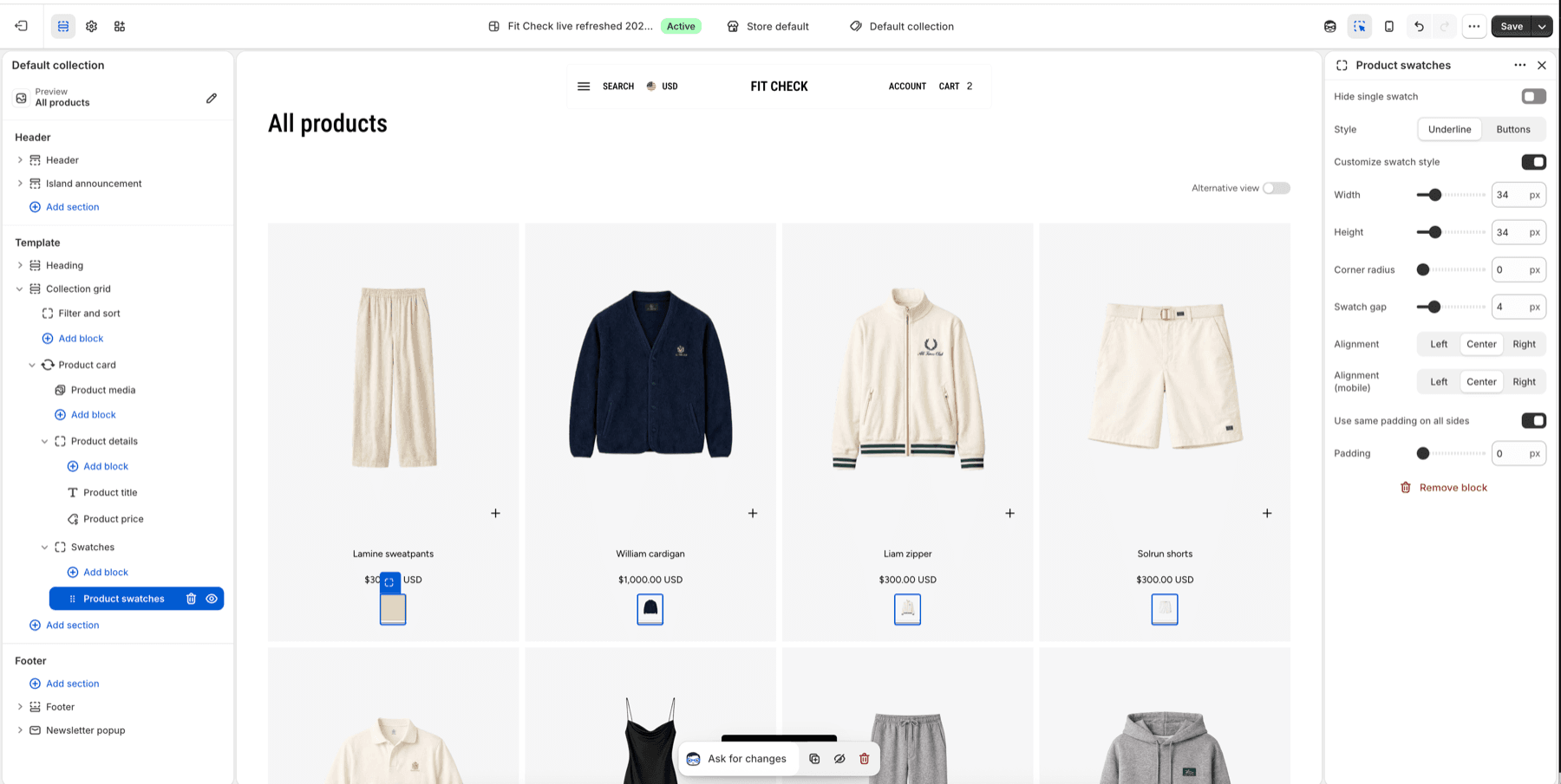 Fit Check theme editor showing Product swatches selected with hide single swatch, style, custom dimensions, alignment, and padding controls.