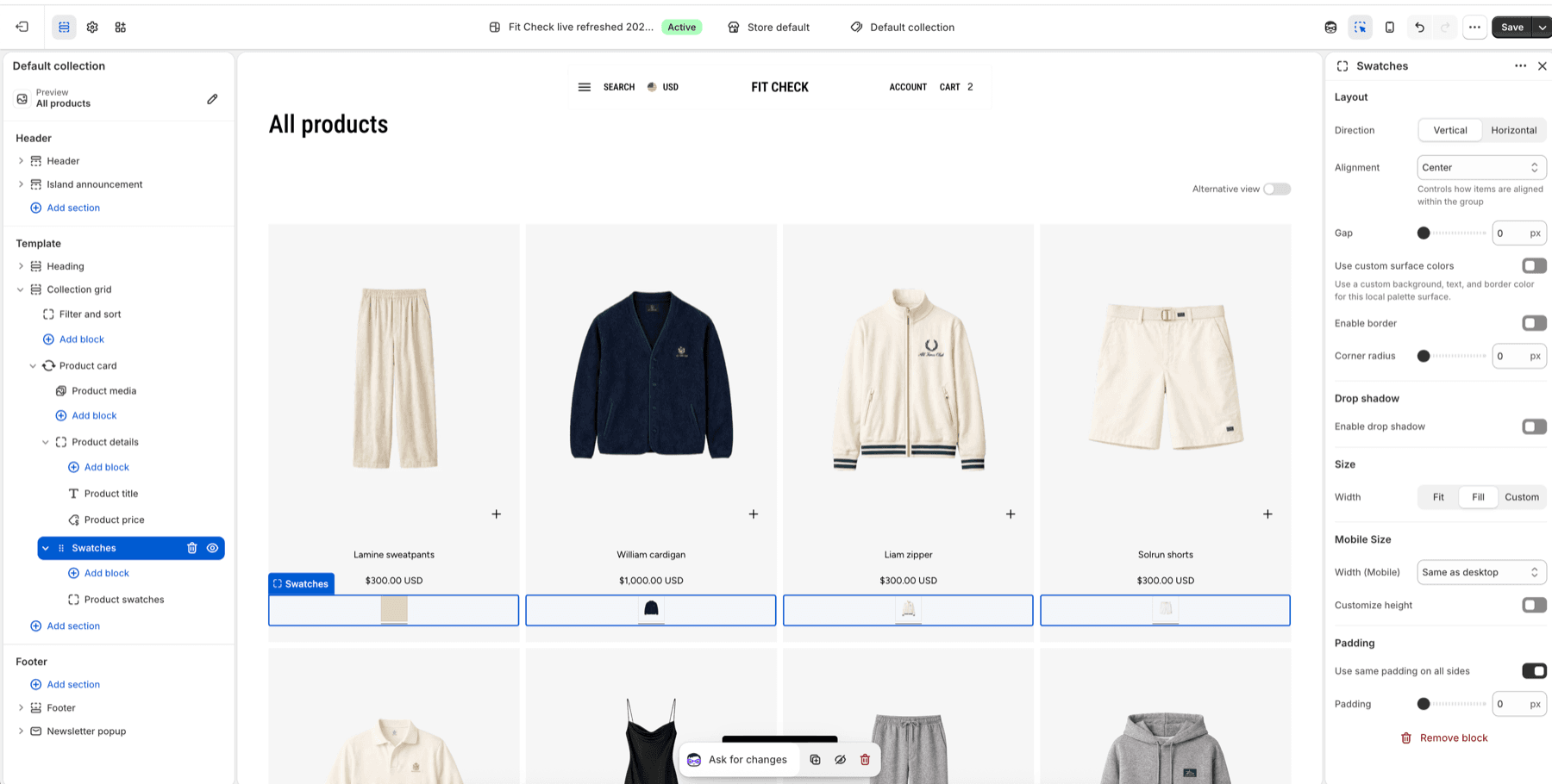Fit Check theme editor showing the Swatches group selected with direction, alignment, gap, surface, size, and padding controls.