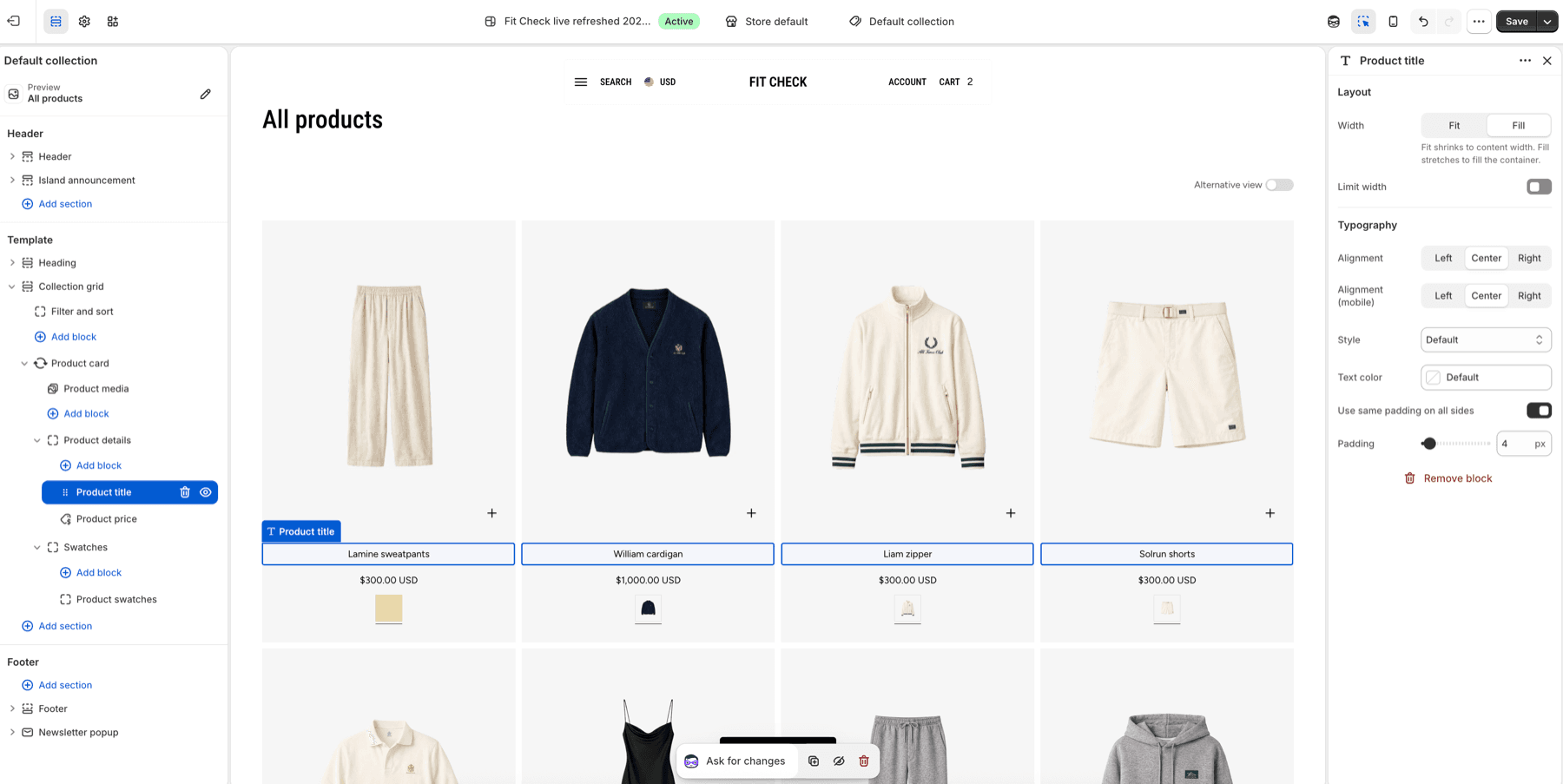 Fit Check theme editor showing Product title selected with width, alignment, style, text color, and padding controls.
