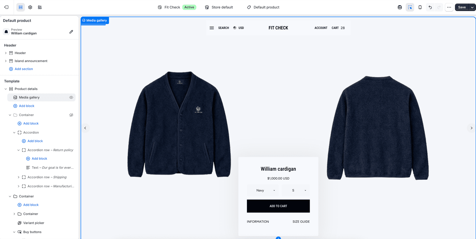 Fit Check theme editor showing Product details with a compact centered purchase container over the media gallery.