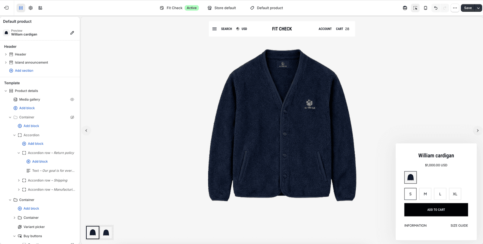 Fit Check theme editor showing Product details with a side purchase container next to the product media.