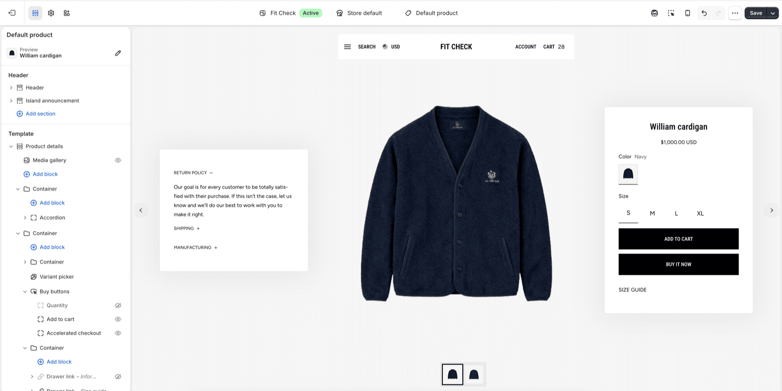 Fit Check theme editor showing Product details with one information container on the left and one purchase container on the right.