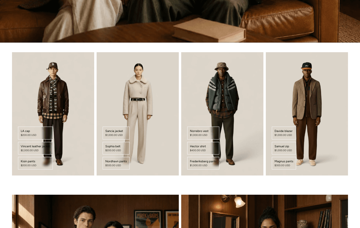 Real Fit Check storefront screenshot showing a shoppable image grid with product-link cards.