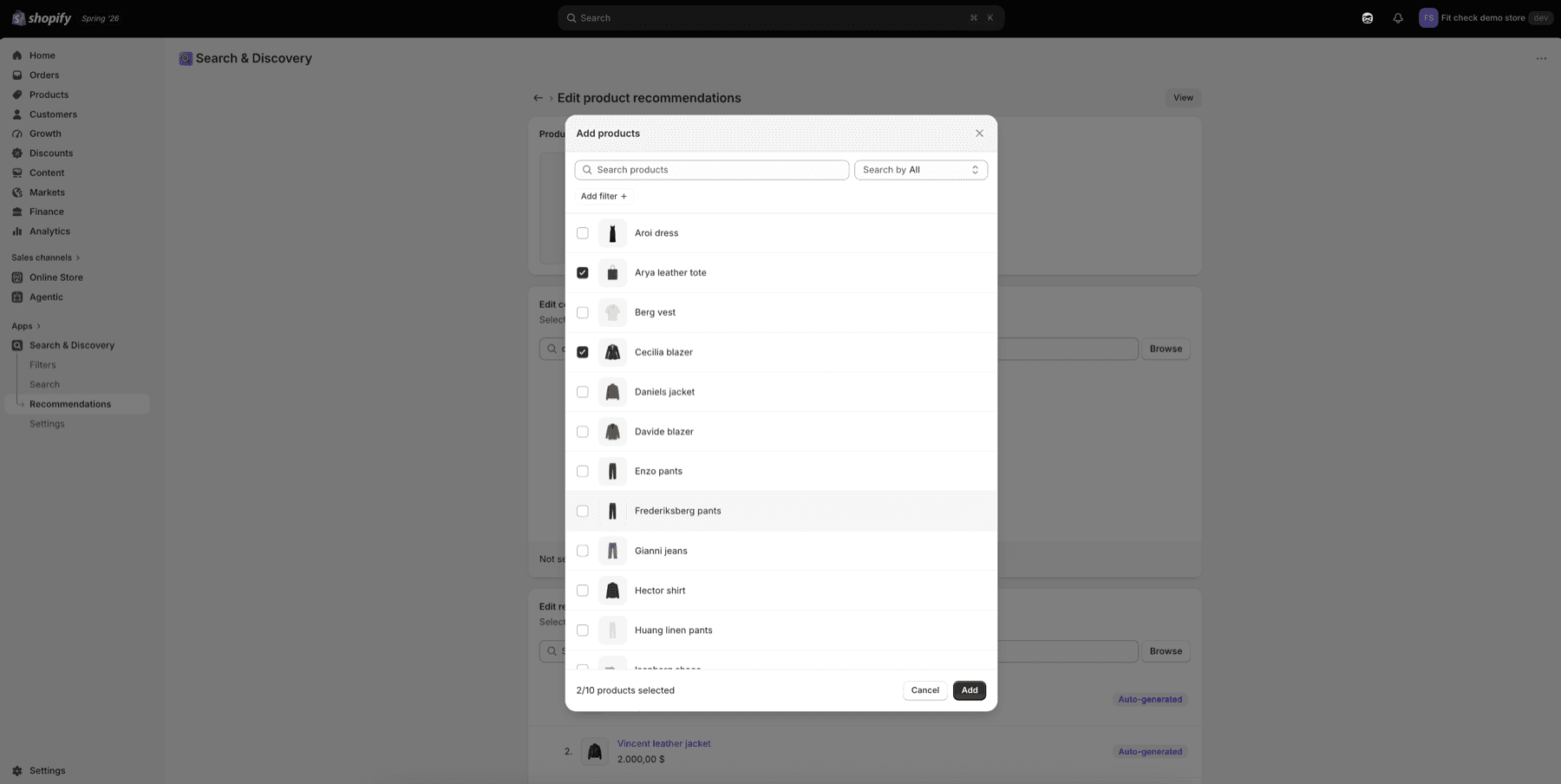 Shopify Search and Discovery Add products modal with selectable product rows and selected Arya leather tote and Cecilia blazer products.