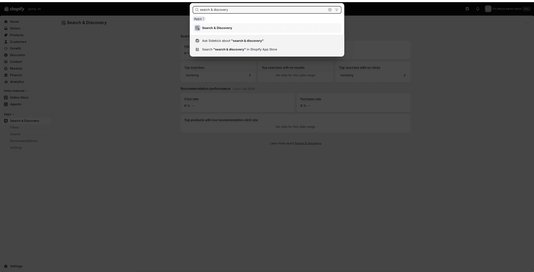 Shopify admin search overlay with Search and Discovery selected as an app result.