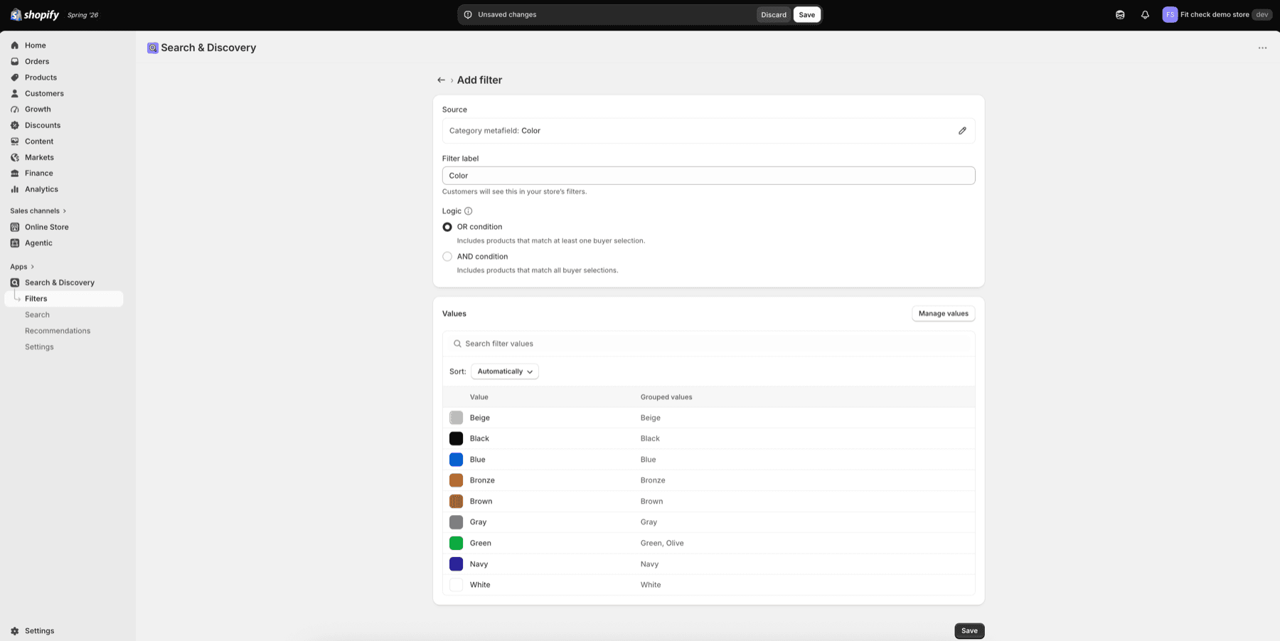 Shopify Search and Discovery Color filter editor showing OR logic and grouped color values with visual swatches.