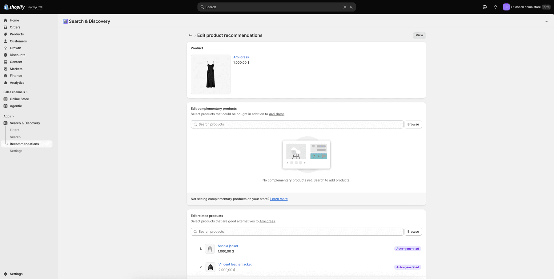Shopify Search and Discovery edit product recommendations page showing Aroi dress with empty complementary products and auto-generated related products.