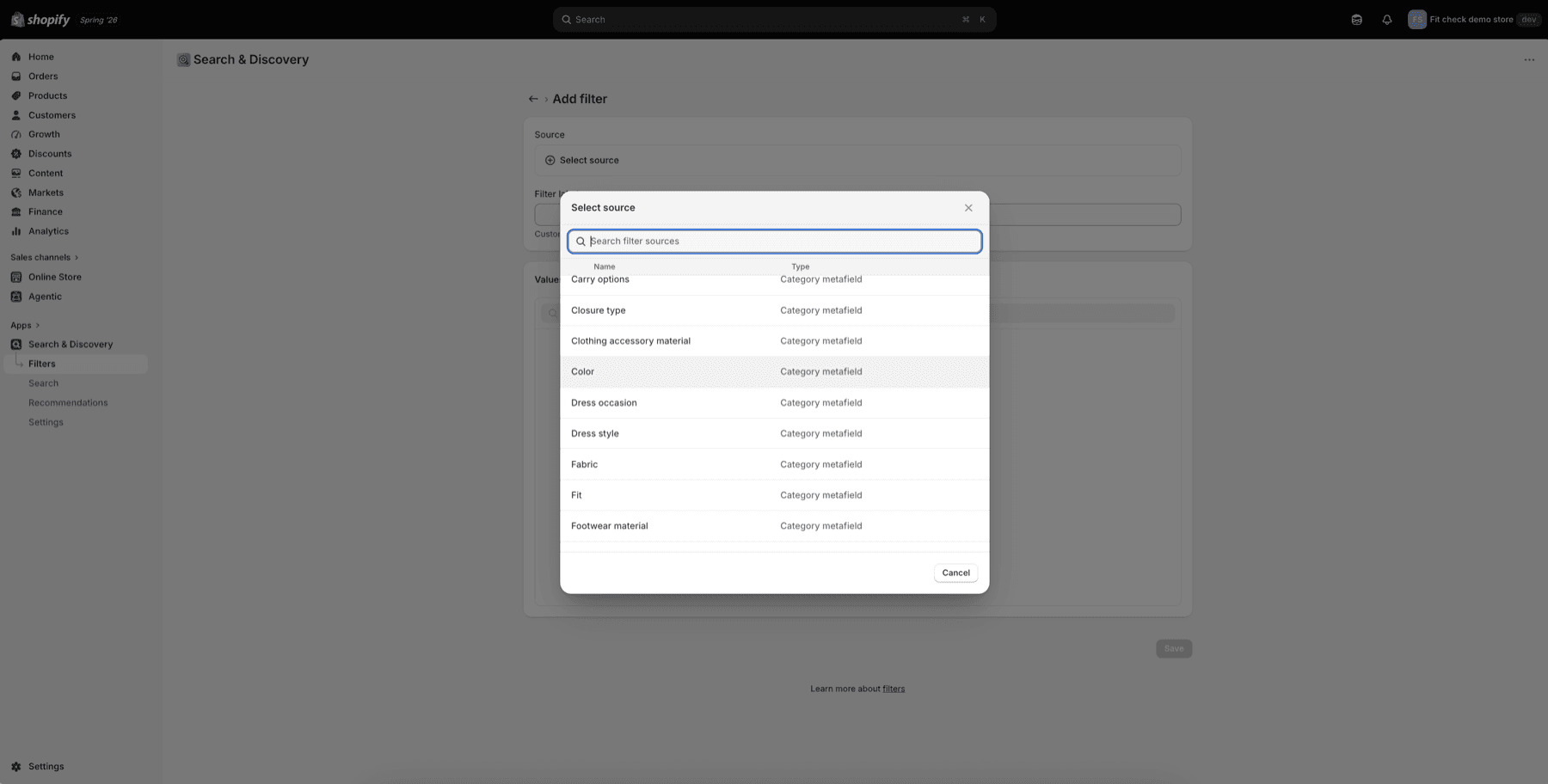 Shopify Search and Discovery Select source modal showing category metafield sources including Color.