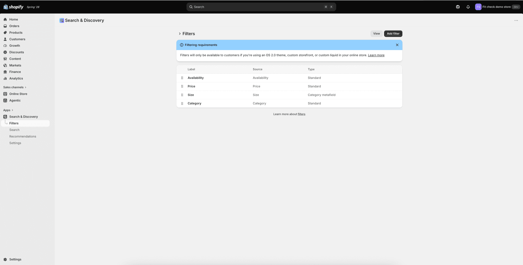 Shopify Search and Discovery Filters page showing Availability, Price, Size, and Category filters with an Add filter button.