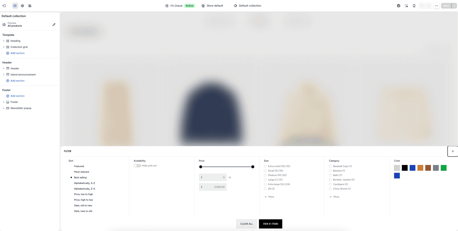 Fit Check theme editor showing the collection filter drawer with Sort, Availability, Price, Size, Category, and Color filters.