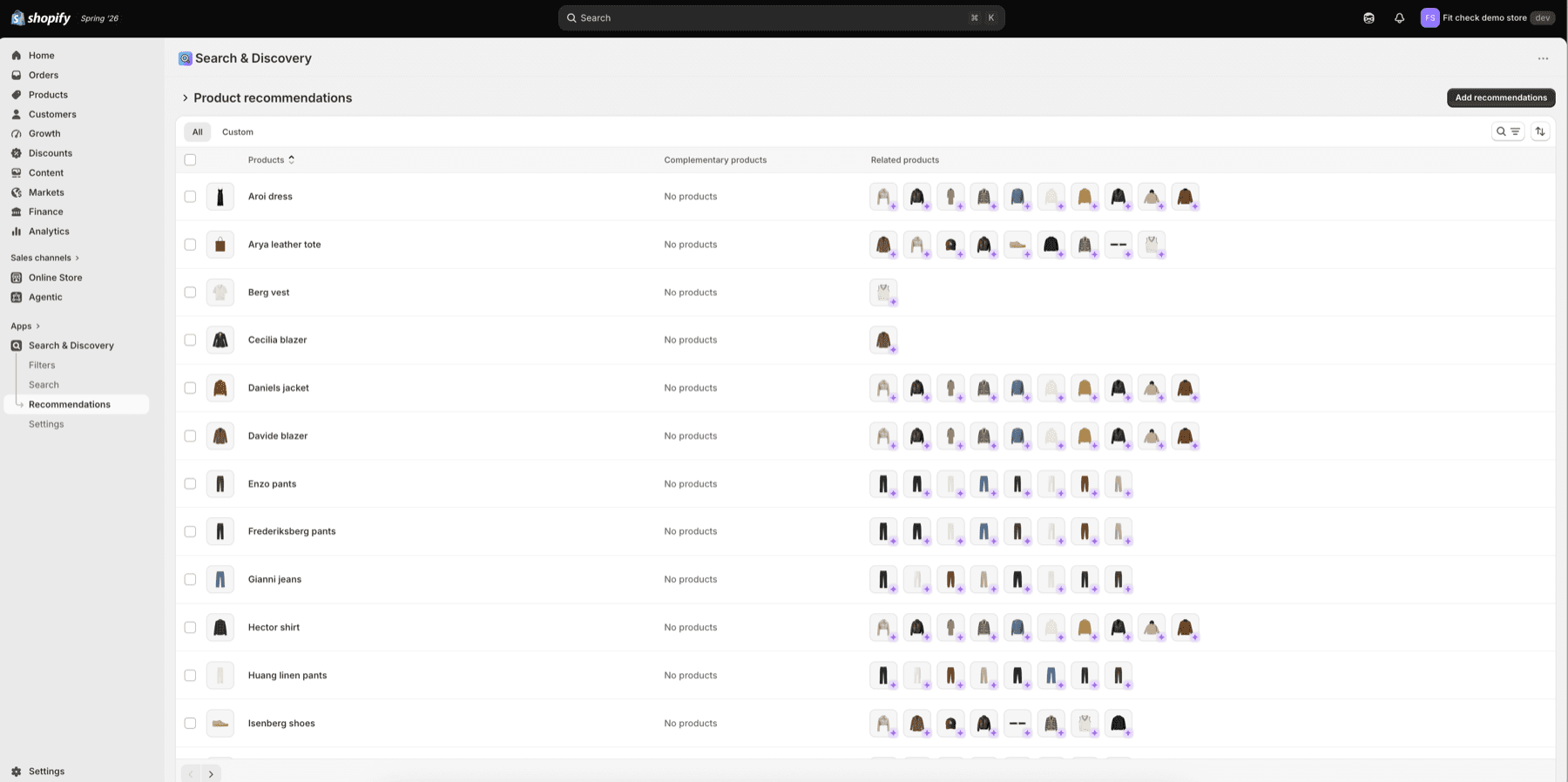 Shopify Search and Discovery Product recommendations table with product rows, Complementary products column, Related products column, and Add recommendations button.