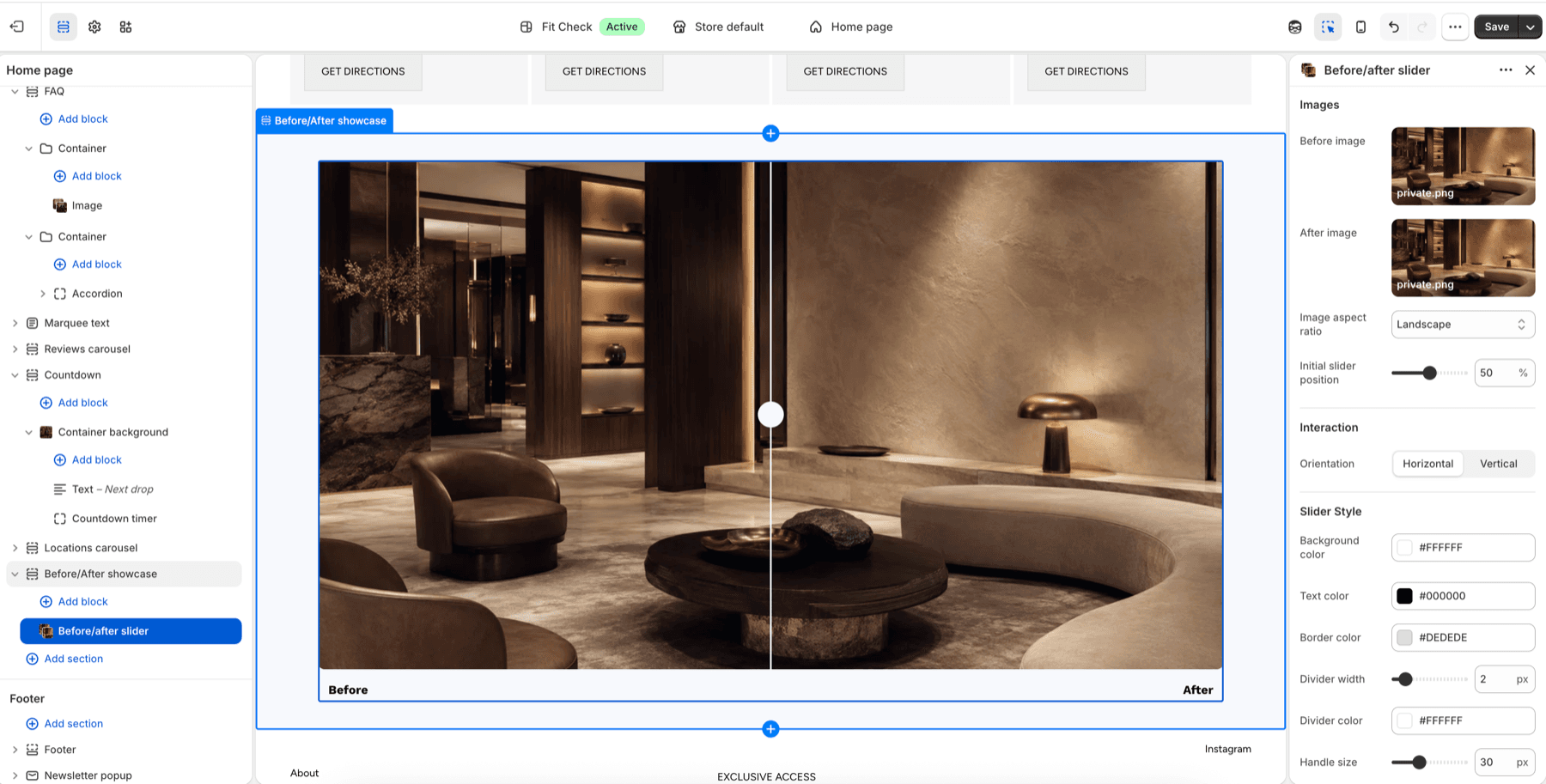 Shopify theme editor showing the Fit Check Before/After showcase section with a selected Before/after slider block.