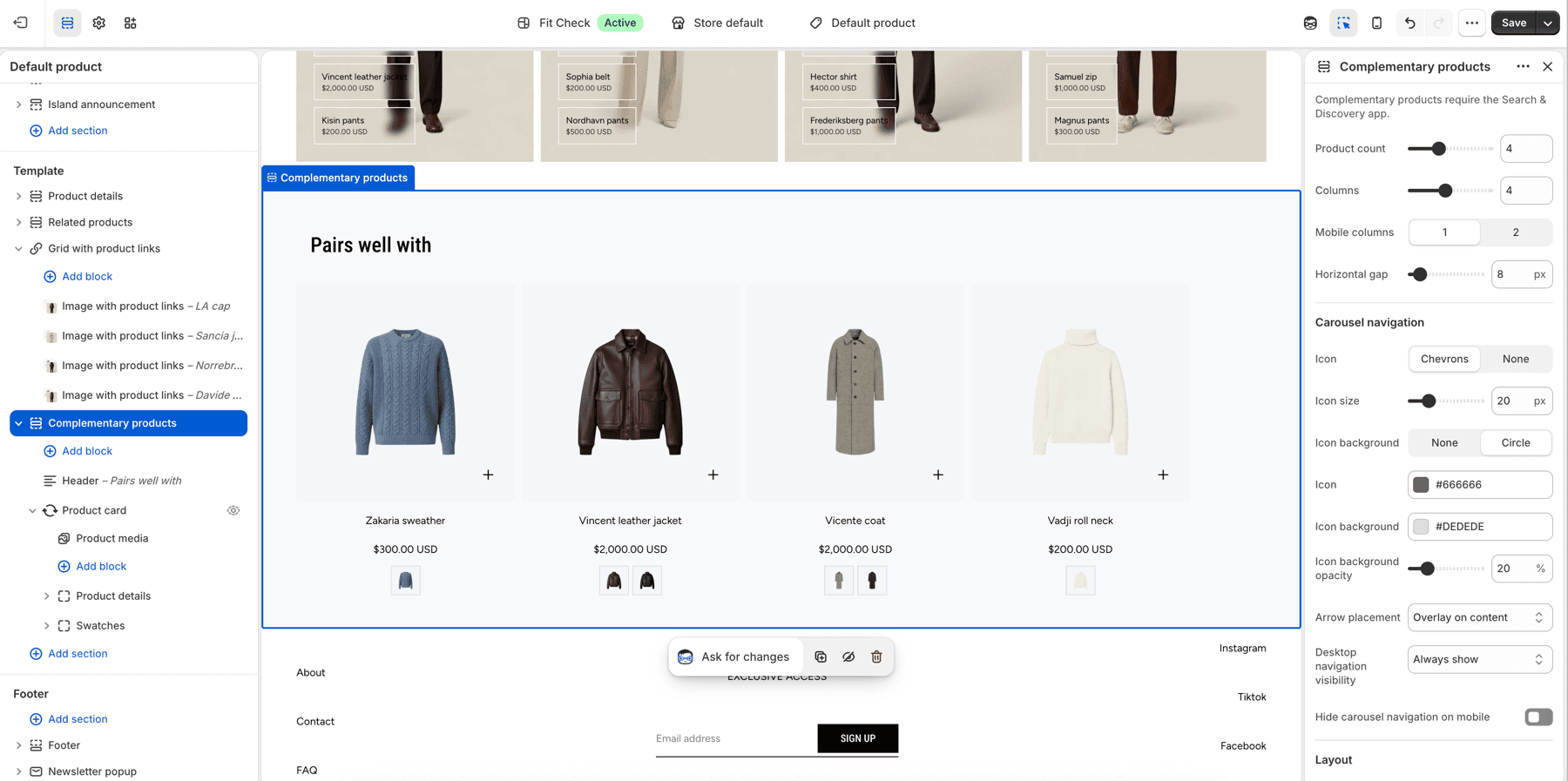 Shopify theme editor showing the Complementary products section with product count, columns, and carousel navigation settings.
