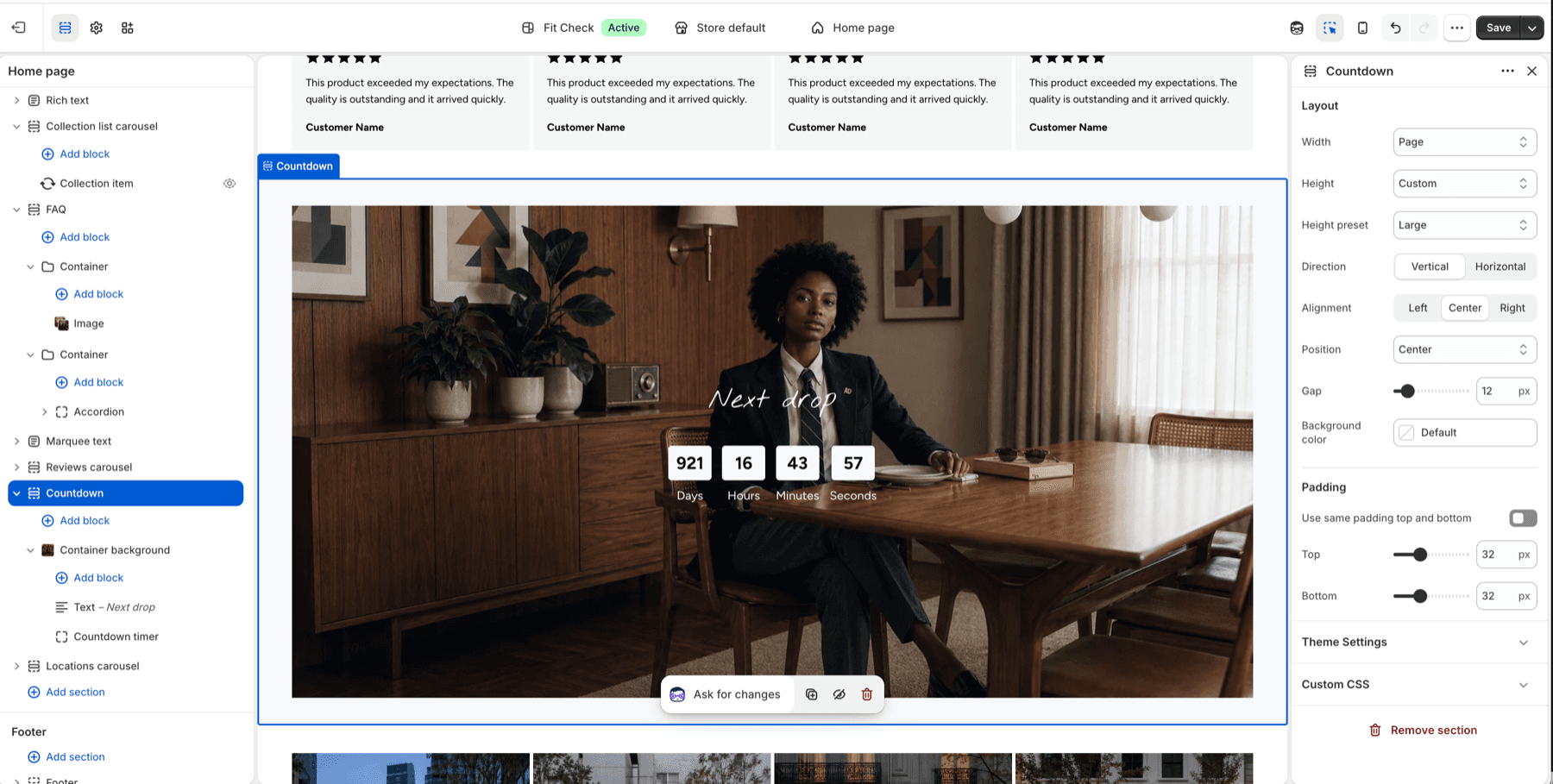 Shopify theme editor showing the Fit Check Countdown section selected with a background image, launch copy, and countdown timer block.