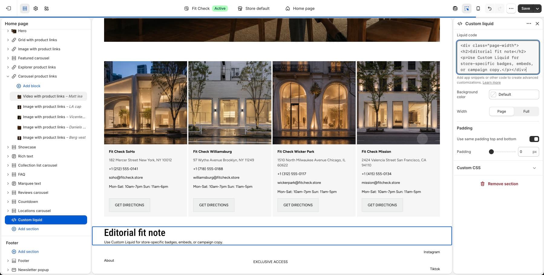 Live demo store theme editor screenshot of the Fit Check Custom Liquid section.