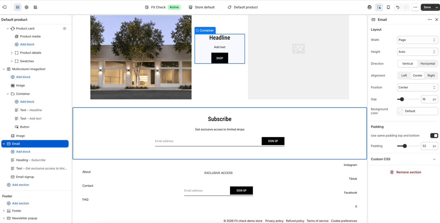 Shopify theme editor showing the Email section with heading, text, email signup block, and layout settings.