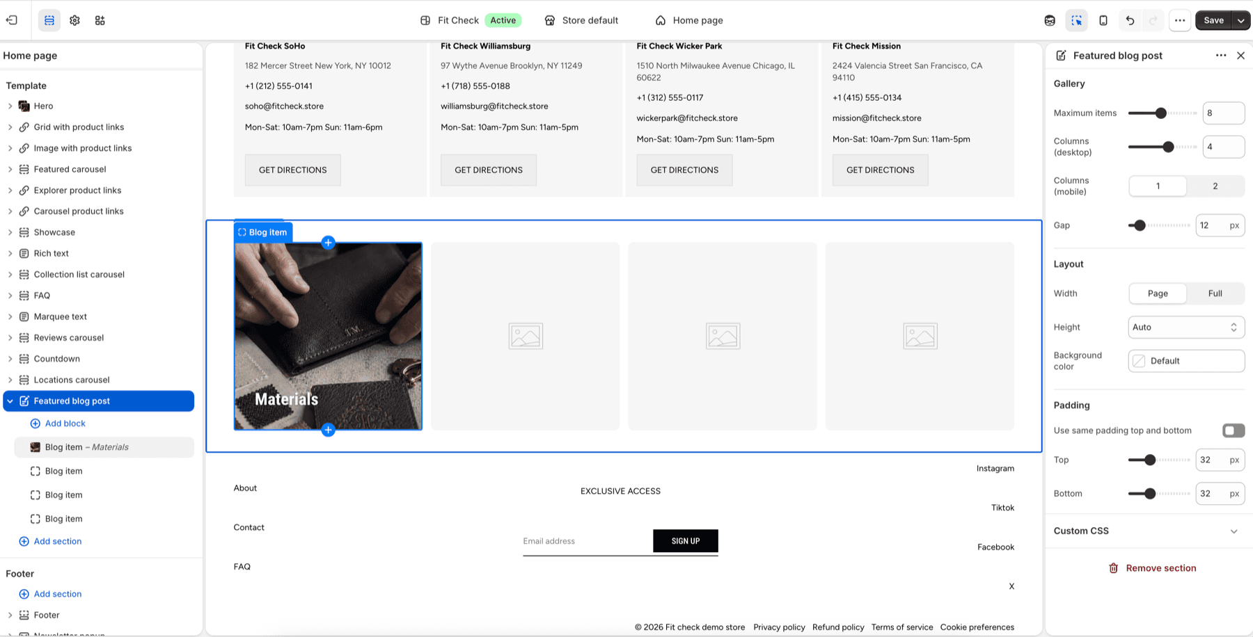 Shopify theme editor showing the Featured blog post section with Blog item blocks and gallery settings.