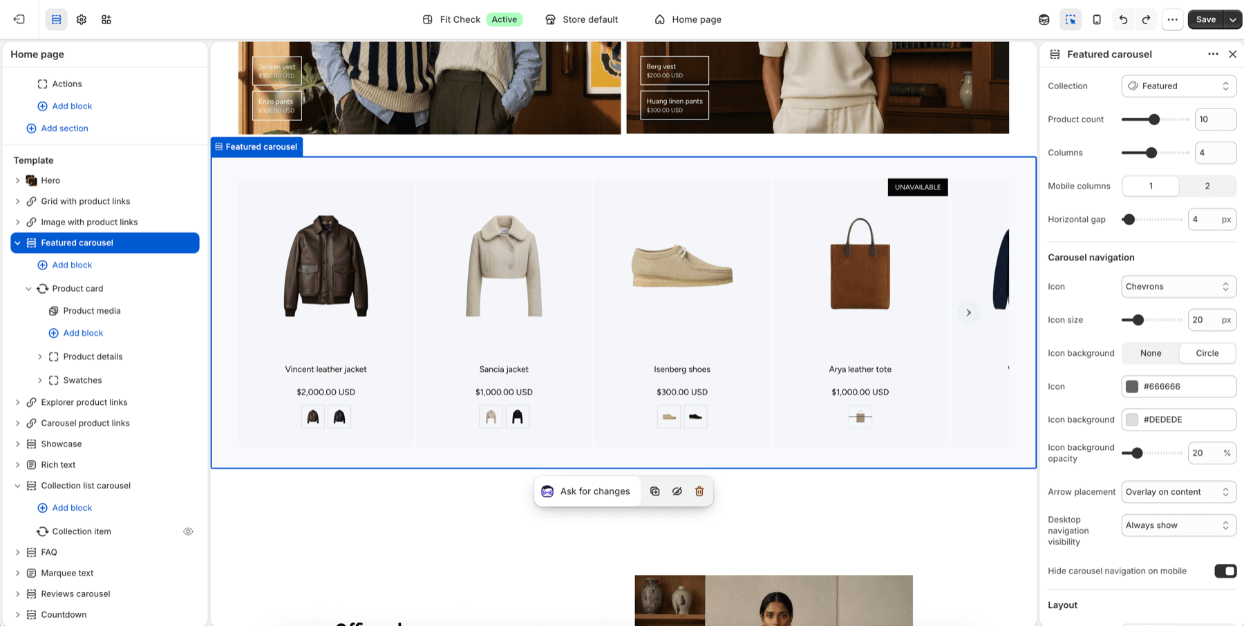 Fit Check theme editor showing the Features carousel section with feature cards and carousel navigation controls.
