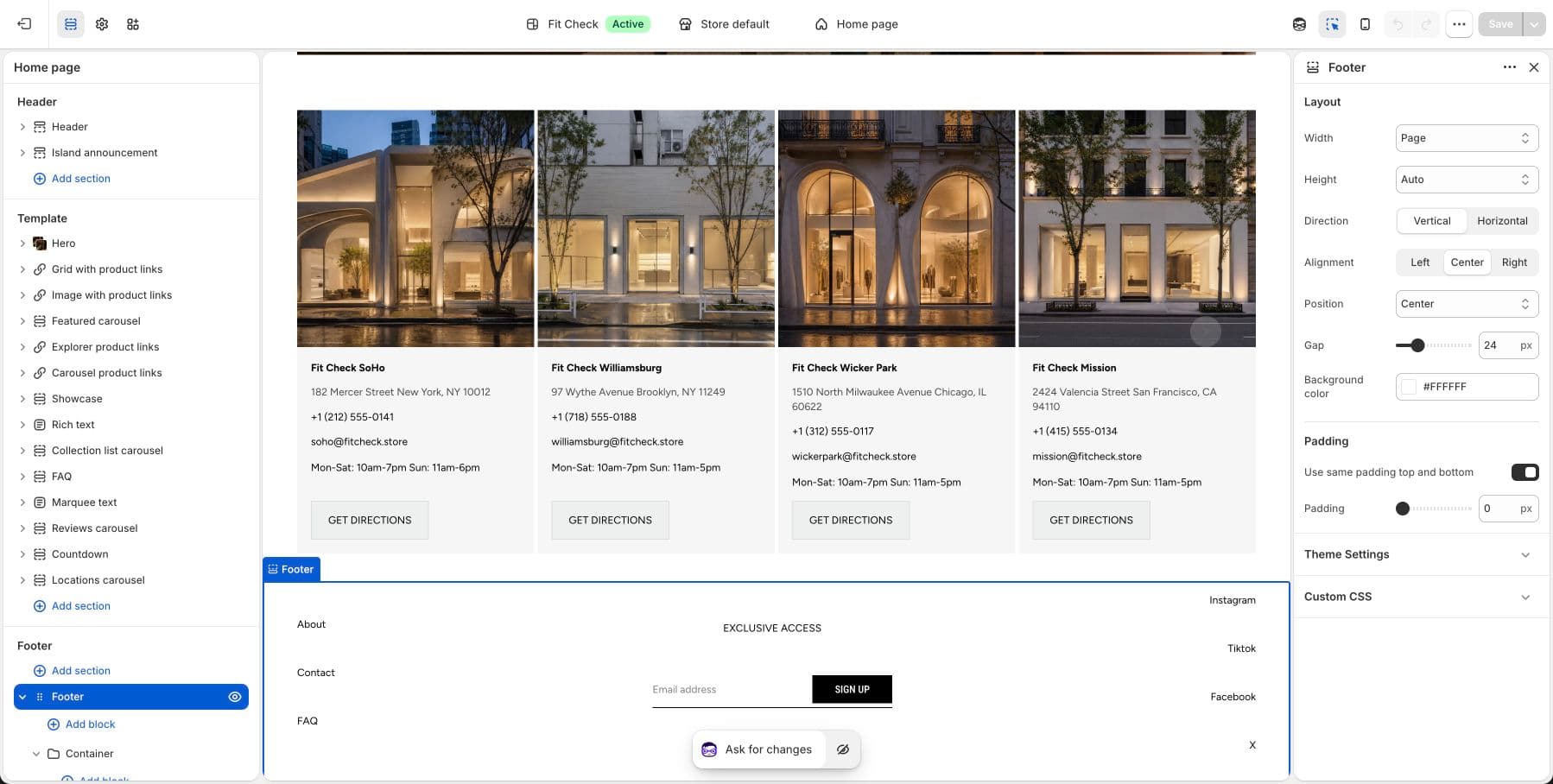 Live demo store theme editor screenshot of the Fit Check Footer section.