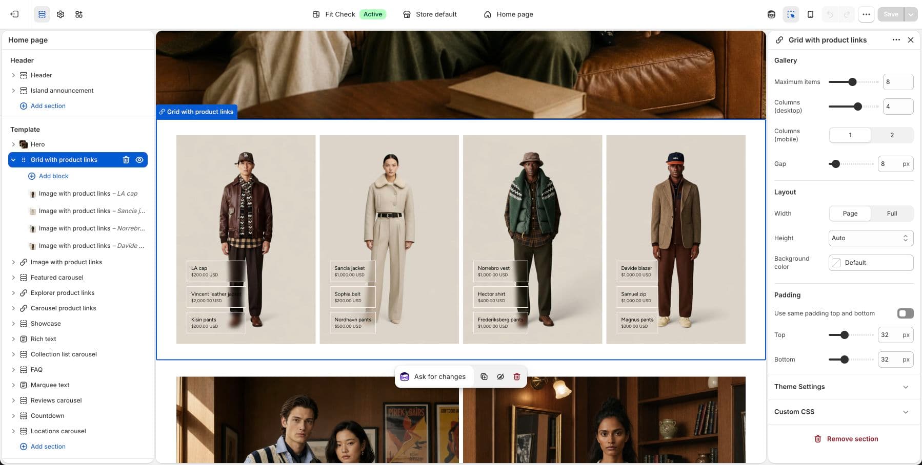 Live demo store theme editor screenshot of shoppable product-link overlays on media.