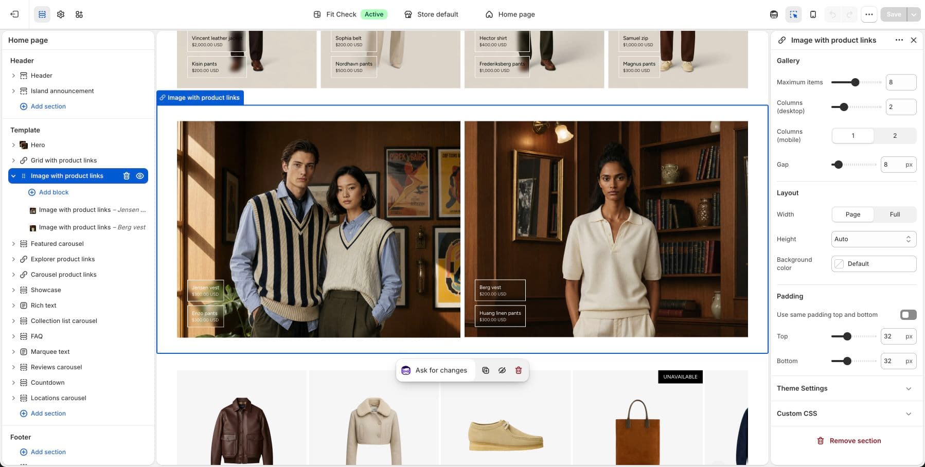 Live demo store theme editor screenshot of a two-column image/text layout.