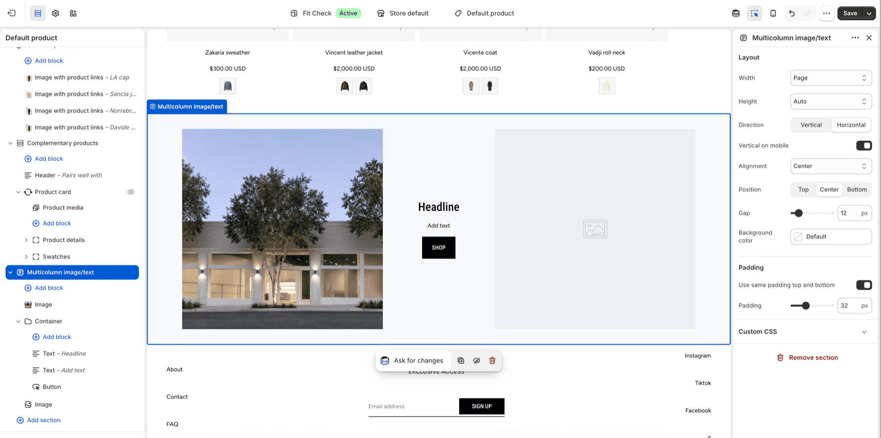Shopify theme editor showing the Multicolumn image/text section with image, container, text, button, and layout settings.