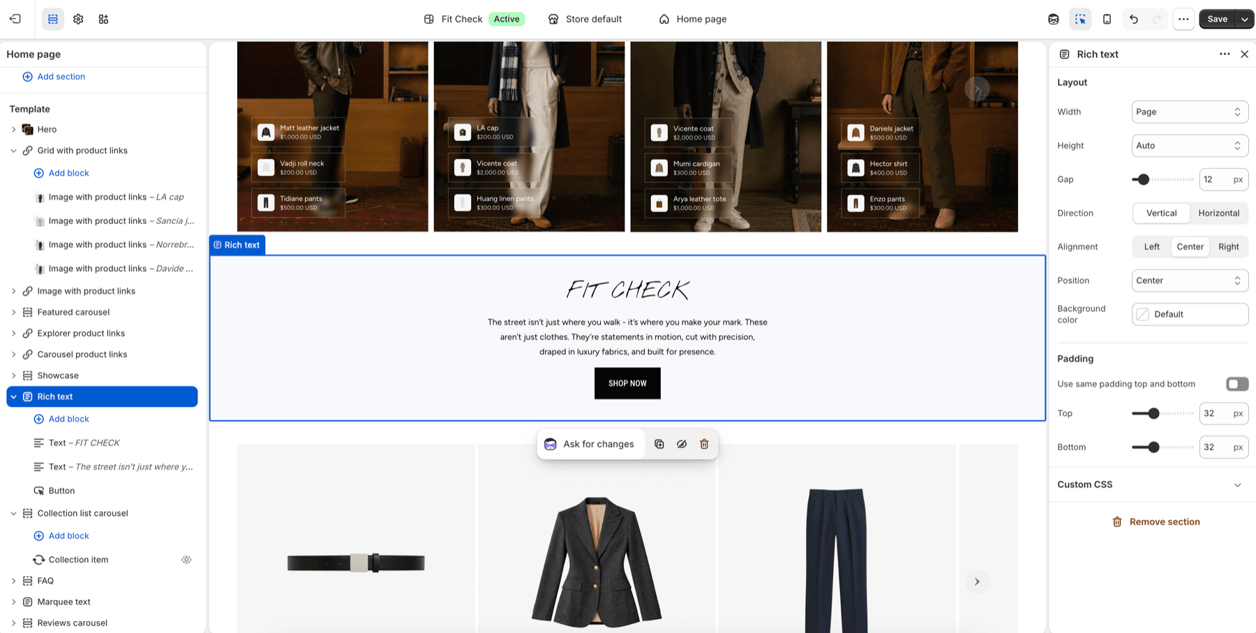 Fit Check theme editor showing the Rich text section with centered heading, body copy, and button.