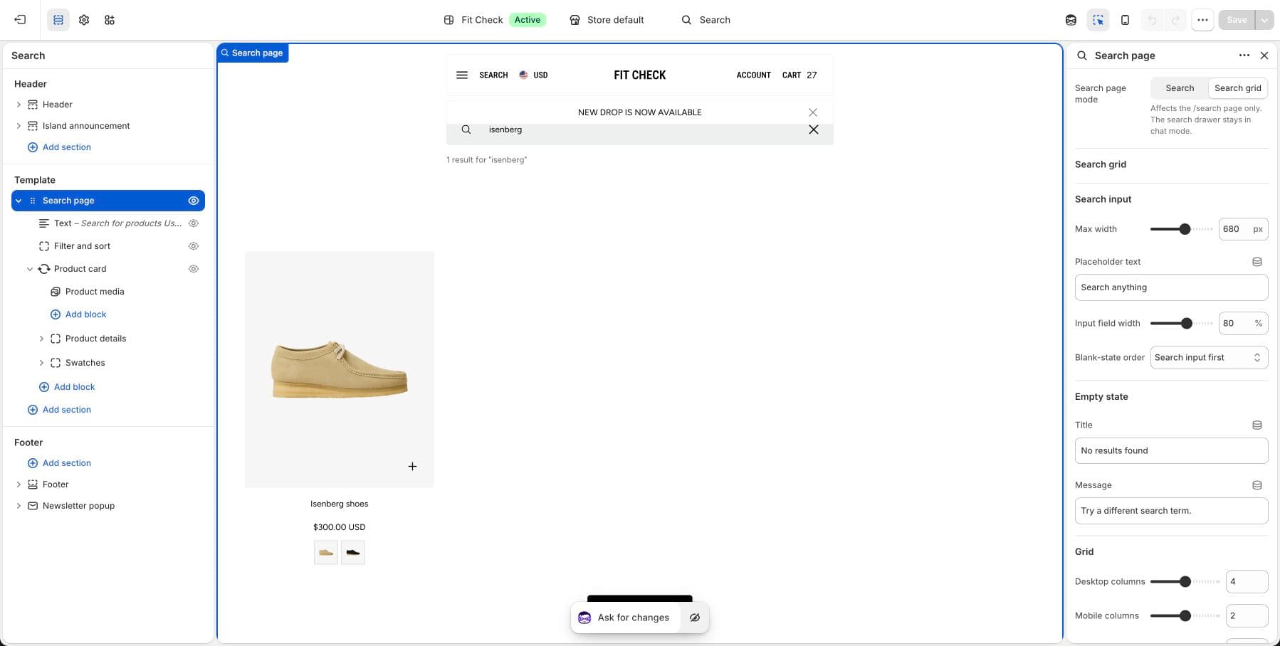 Shopify theme editor showing the Search page section with Search grid mode selected and product-grid controls visible.