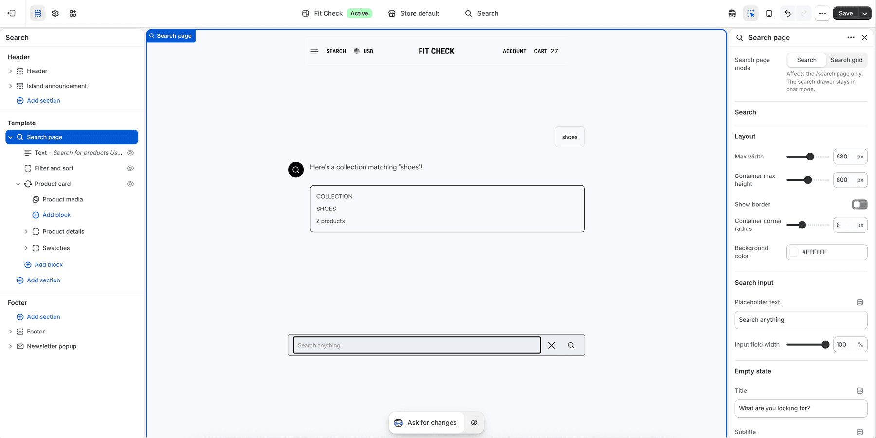 Shopify theme editor showing the Search page section in Search mode with layout and search input settings.
