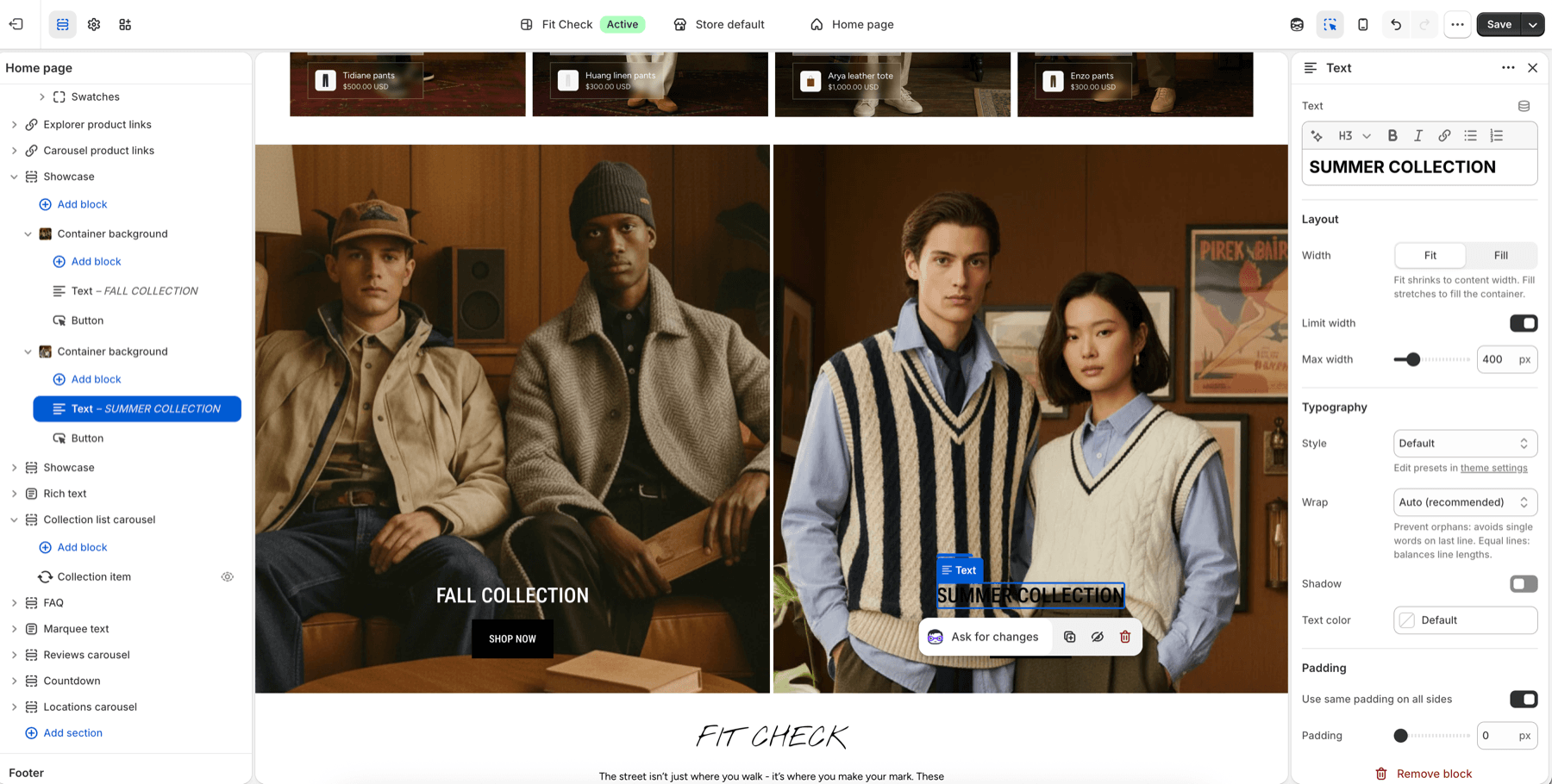 Fit Check theme editor showing a Showcase section with two large image containers and overlay text.