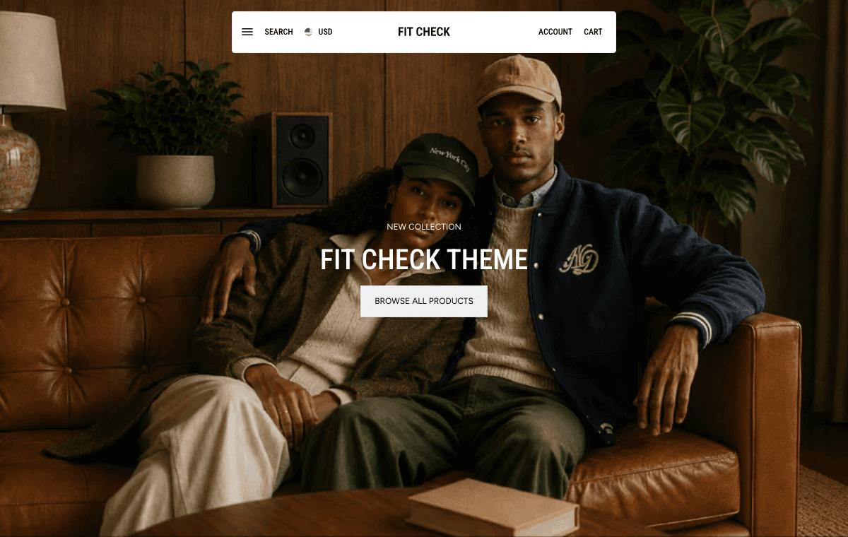 Real Fit Check demo storefront screenshot showing the home page hero and island header.