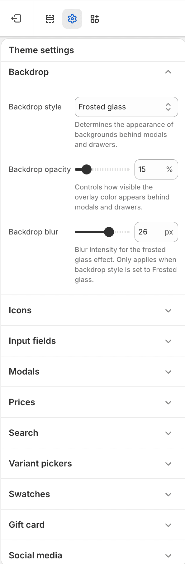 Fit Check theme editor showing Backdrop Theme settings with backdrop style, opacity, and blur controls.