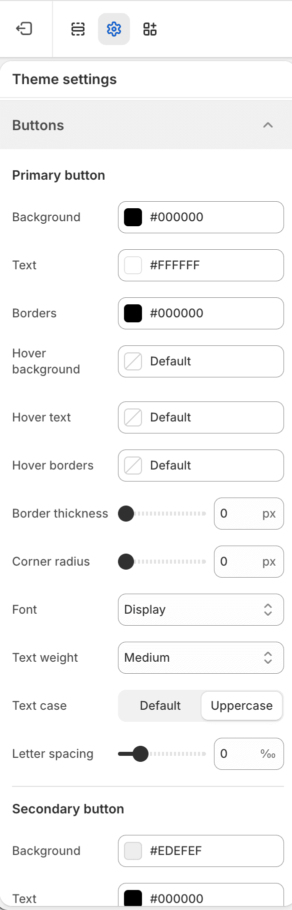 Fit Check theme editor showing Buttons Theme settings with Primary button color, border, typography, case, and letter-spacing controls.