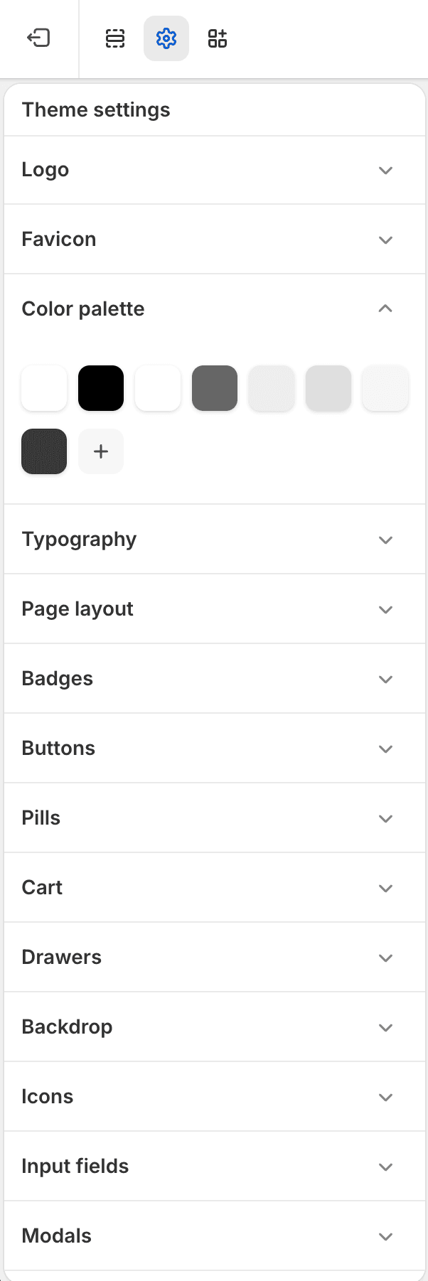 Fit Check theme editor showing Theme settings with the Color palette group expanded and reusable palette swatches visible.