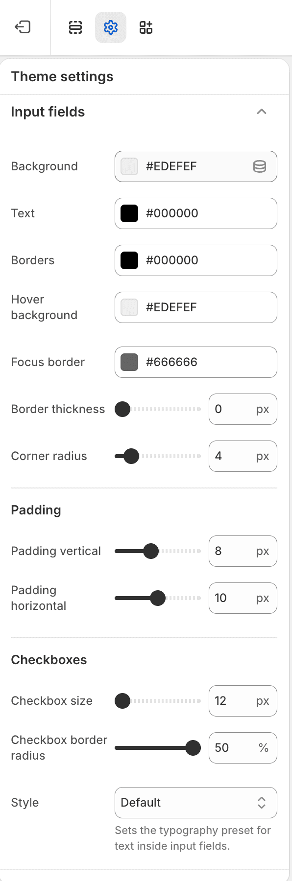 Fit Check theme editor showing Input fields Theme settings with input colors, shape, padding, checkbox, and typography controls.
