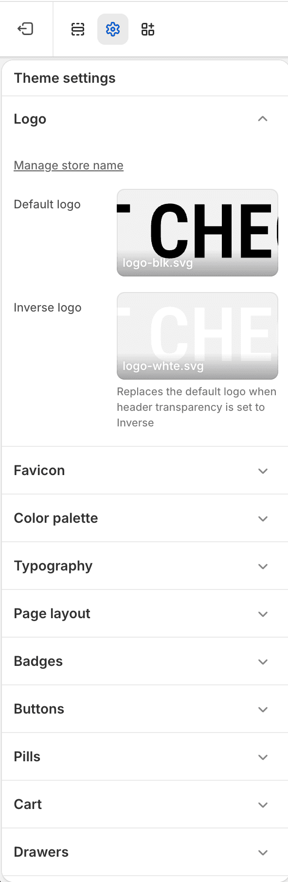 Fit Check theme editor showing Theme settings with the Logo group expanded, including Default logo and Inverse logo image pickers.