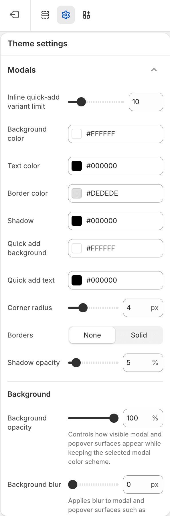 Fit Check theme editor showing Modals Theme settings with quick-add limit, panel colors, borders, shadow, opacity, and blur controls.