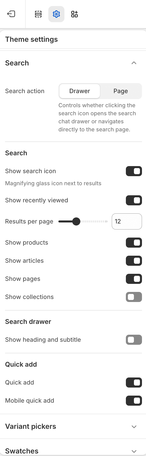 Fit Check theme editor showing Search Theme settings with search action, search resource toggles, search drawer, and quick-add controls.